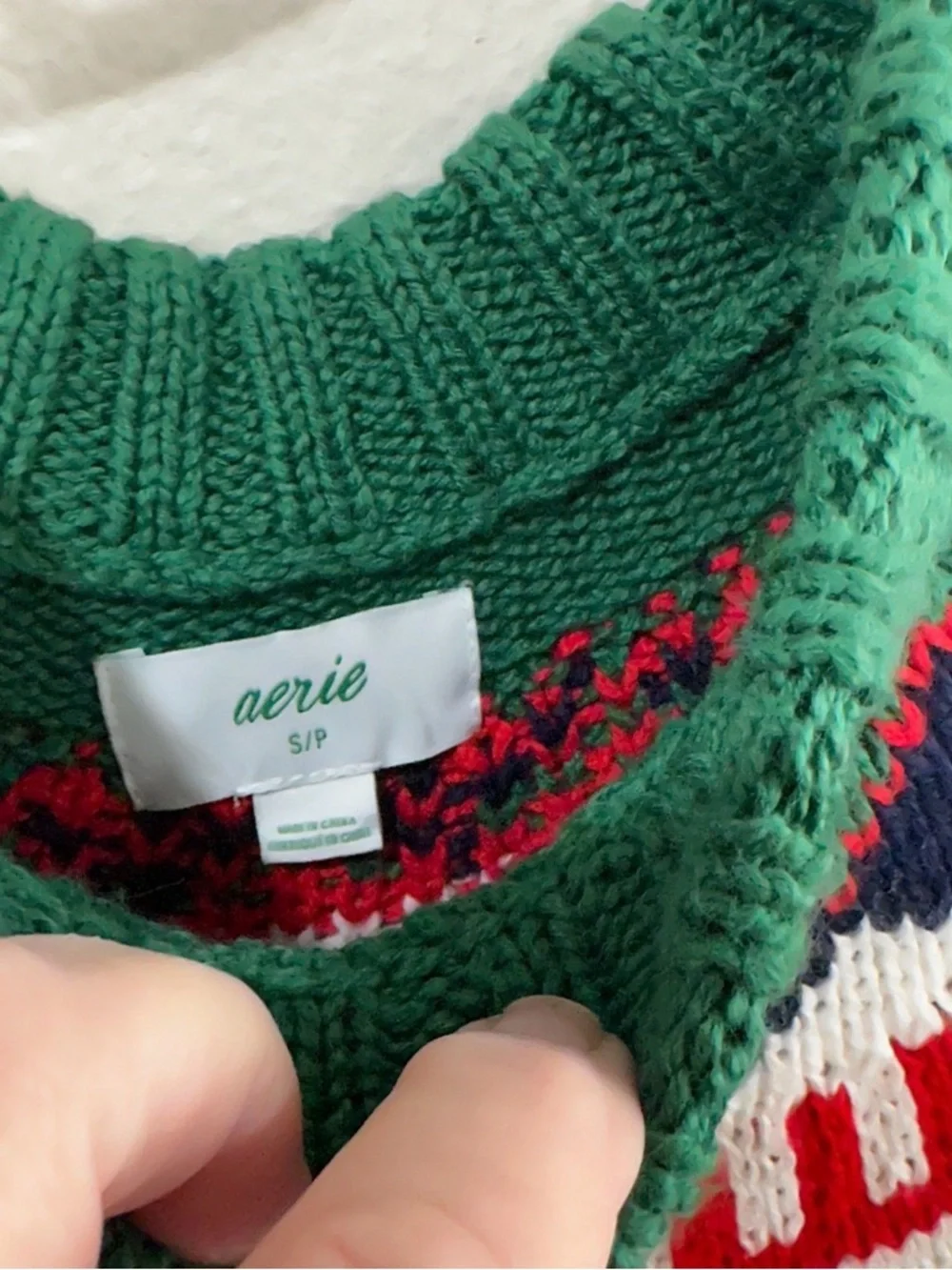 aerie Cream Fair Isle Crewneck Sweater with Green, Red, Navy‎ & Gold Small